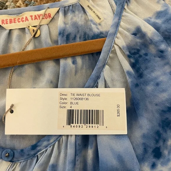 NWT Rebecca Taylor Sky Blue Tie-Dye silk  Blouse size 4 - Picture 5 of 6